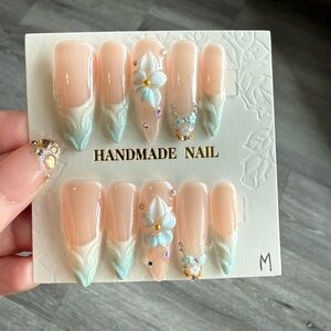 Handmade Pastel Blue Floral Press-On Nails